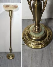 Vintage Art Deco Nouveau Brass & Marble Ornate Floor Torchiere Lamp Glass Shade