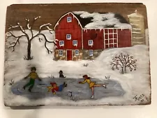 9”x12” Vintage Folk Art Painting On Old Wood Barn Kids Ice Skating Signed