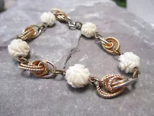 Carved Rose Flower Bead Goldtone Link Authentic Vintage BRACELET *SALE $1 Ship