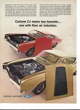 Original 1969 Mercury Cyclone CJ 428 vintage print ad: "CJ wears two bonnets..."