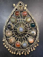 5" metal pendant Jewelry ethnic India Pakistan. 14 Crystals stones.