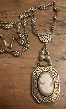 Antique Estate Victorian filigree cameo necklace 16”