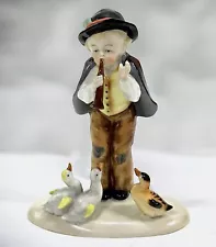 Vintage GERMANY PORCELAIN FIGURINE Maestro Boy Playing Flute For Ducks ~UNUSUAL~