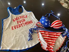 Patriotic Bikini Push up Top S & Bottoms M USA Flag 4th July Cover Up Tank Top