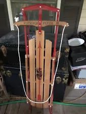 Vintage Flexible Flyer lll. Wooden snow Sled Red Metal Rails wood 48”.