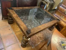 Large Wood Coffee Table with Iron & Glass Center (Rustic Look )