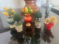 5 Miniature Dollhouse Topiaries Garden Urns Flowers Wood Plastic 1:12