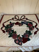 LANCASTER , PA AMISH "COUNTRY LOVE” BURGANDY & GREEN WALLHANGING QUILT 45"- 45"