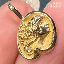 10k Gold Repousse Maiden Cameo on Lily Pad Pendant. Art Nouveau