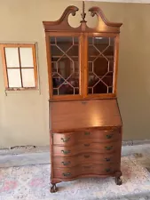 Antique Serpentine Drop Front Secretary Desk with Bookcase Hutch