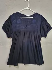 Hand Sewn Hand Embroidered Mexican Peasant Top Large Short Sleeve Navy Blue