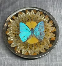 Vintage Blue Morpho Iridescent Butterfly Wings Dish Plate Real Made in Brazil