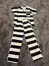 INMATE UNIFORM TOP & PANTS BLACK WHITE STRIPES Jail Prisoner Convict Size Large