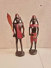 African wooden Maasai (Masai) Statuette couple with spear and shield 10" tall