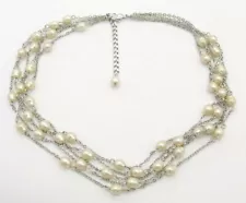 16" Multistrand Faux Baroque White Pearl Chain Choker/Silver-T Necklace 7mm Wide