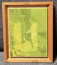 Vintage Kimberly Enterprises Art Tile Children Warming by Fireplace Wood Frame