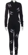 2023 CHANEL stretchy CC logo mock neck Jumpsuit 42 (US 10) w/ white pinstriping