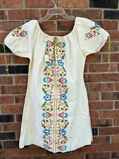 Vtg NOS White Raw Cotton Oaxacan Dress San Antonio Mexican Embroidered