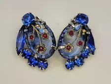 Vintage JULIANA Rare Engraved Flower RS Earrings Shades Of Blue