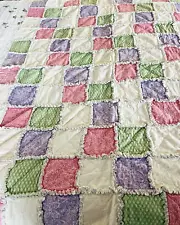 Vintage Handmade Baby Rag Quilt 46X58" Ditzy Floral Back Block Patch Work