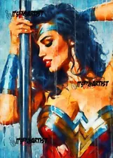 ACEO ATC Sketch - Wonder woman Pole Dancer - 1/1 - Authenticity Stamp