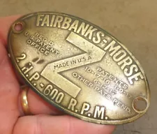 ORIGINAL NAME TAG FAIRBANKS MORSE 2hp Z Old Gas Engine FM 4" x 2-1/4" FBM A+