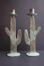 Vintage Pair of Metal Cactus Candlesticks Faux Verdigris Southwestern Decor