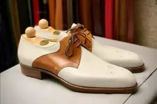 New Handcrafted Men White, Brown Leather Brogue Shoes, Derby Shoe for men, Sale.