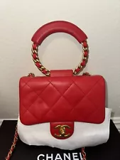 CHANEL Lambskin Quilted Small Circular Handle Bag Red