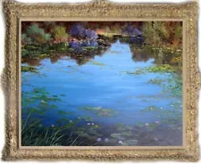 Old Master-Art Antique Oil Painting landscape Water lilies on canvas 30"x40"