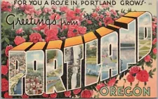 PORTLAND Oregon Large Letter Postcard "For You a Rose in Portland Grows" Linen