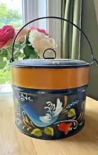 Vintage Primitive Fork Art Metal Hand Painted Toleware Tin Pail/Bucket With Lid