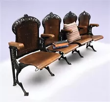 4 Wood Iron Folding Theater Seats, Auditorium Seats, Entryway Bench, D14