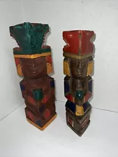 TWO WOODEN TOTEM POLES HAND CARVED