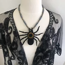 Black Spider Necklace Witchy Gothic Hematite Chain 24" Estate Sale Halloween