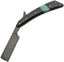 Old fashioned Straight Razor 9" Damascus Steel Black Turquoise Handle -1025