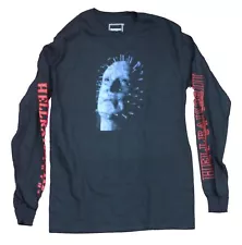 Hellraiser Mens Long Sleeve T-Shirt - Pinhead Bleu Face Logo Sleeves