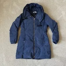 PRADA Down Puffer Jacket Women’s Navy Long Jacket Hooded Padded - RIPPED