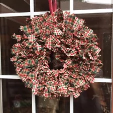 HANDMADE 15" CHRISTMAS 4 LAYER PLAID RAG WREATH - RUSTIC PRIMITIVE COUNTRY