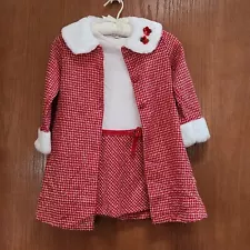 Youngland Girl's Size 5 Red & White 2pc Holiday Dress With Over Coat Fur Trim