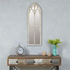 Pemberly Row Wood Cathedral Framed Decorative Mirror in White wash