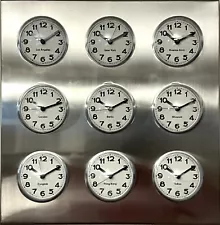 Vintage World Nine Time Zone Analogue Wall Clock Polished Steel All Clocks WORK!