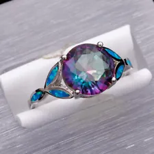 10mm Round Rainbow Mystic Topaz Blue Fire Opal Silver Jewelry Ring Size 7 8 9 10