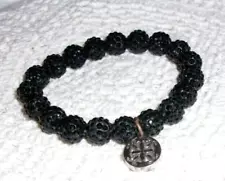 RUSTIC CUFF BLACK GLASS? BEAD BRACELET W/LOGO TAG CHARM ESTATE