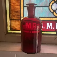 Vintage Red Pyrex Glass Medicine Apothecary Bottle With Stopper