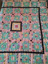 vintage YO YO QUILT for sale made in the 30s 40s hand stitched pink black scrap