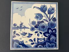 5" Royal Delft 1653 Tile Blue and White Tulips Windmill Tile NEW in Box