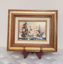 J.Harvey Oil painting on Board SHIPS BATTLE AT SEA Signed Framed Small 12×10"