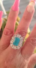 Paraiba Tourmaline W/ White Zircon Cluster Ring, 925 Silver, Sz 9