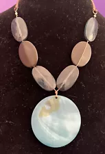 Large Mother Of Pearl Turquoise Pendant w/ Wooden Beads Statement Necklace SALE